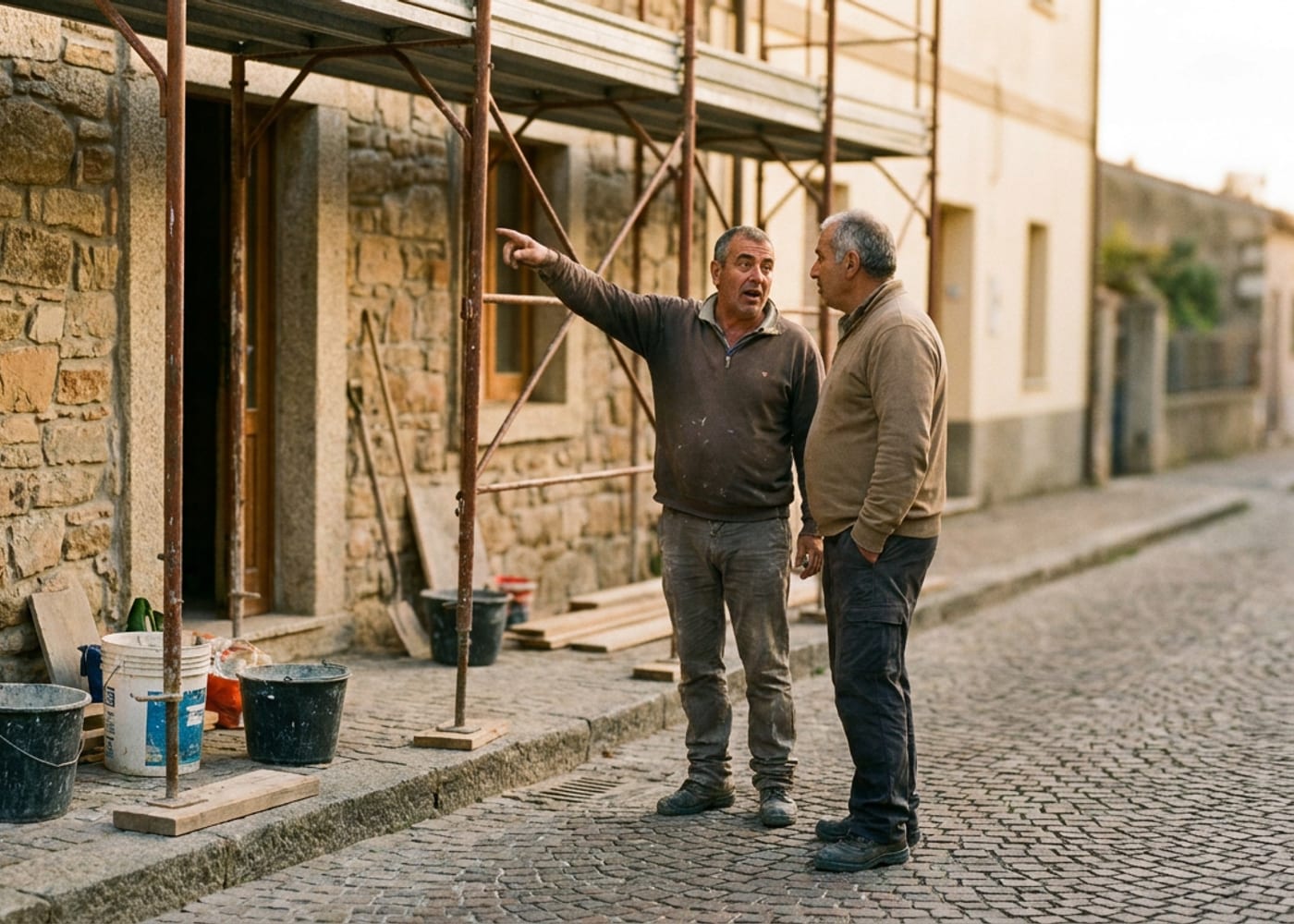 Two men talking in the street in front of a house under scaffolding: one points at the works, the other listens.